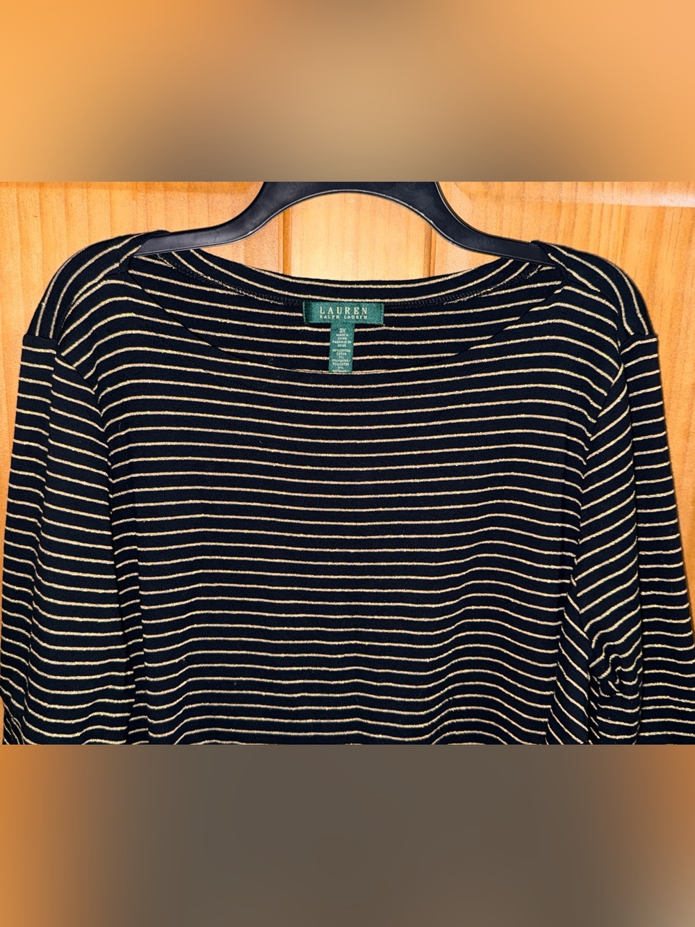 NWOT Lauren Ralph Lauren Black & Metallic Gold Striped Knit Top w 3/4 Sleeve-3X - Picture 4 of 10